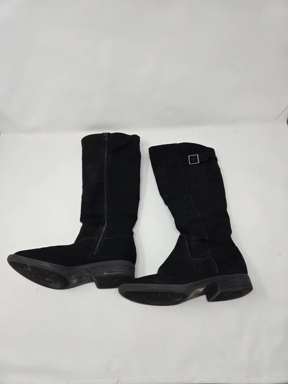 Eva & Zoe Krumpet Black Faux Suede Knee High Boots Leopard Print Lining Buckle 1